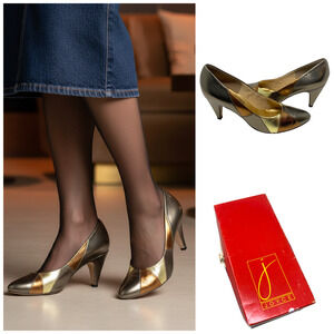 Vintage 1990's Joyce Sz 8 Clever Metallic Kid Leather Pumps Heels Original Box